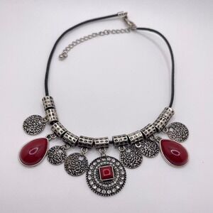 VTG Boho Festival Statement Necklace Coin Fringe Bib Maximalist Silver Red Charm